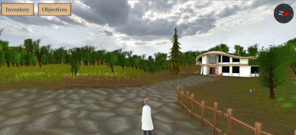 An in game view of the player character. They are standing on a stone path leading to a white house with a curved roof and two stories. There is a small forest beyond the fencing around the path.