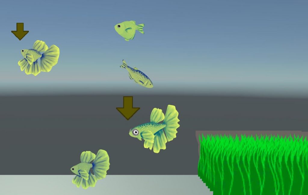 A bunch of fish floating around, mostly green and blue. Some of them have legs, some have fanned fins, and there are some thin small fish. There is a patch of grass on the bottom right and arrows pointing to two fish.