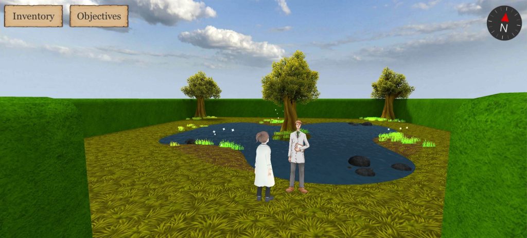 The player is standing at the edge of a pond with an important looking man in a white lab coat. The pond is surrounded by hedges.