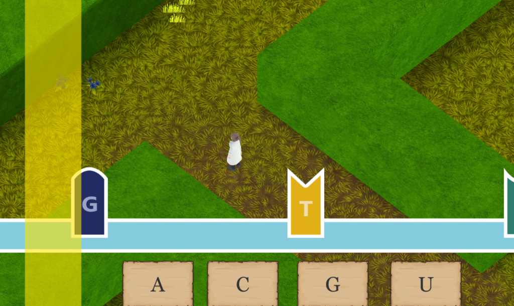 Overlaid over the player standing in a hedge maze, there is a yellow bar on one end of the screen. There are A, C, G, U buttons on the bottom, and a couple of gene markers on a blue bar.