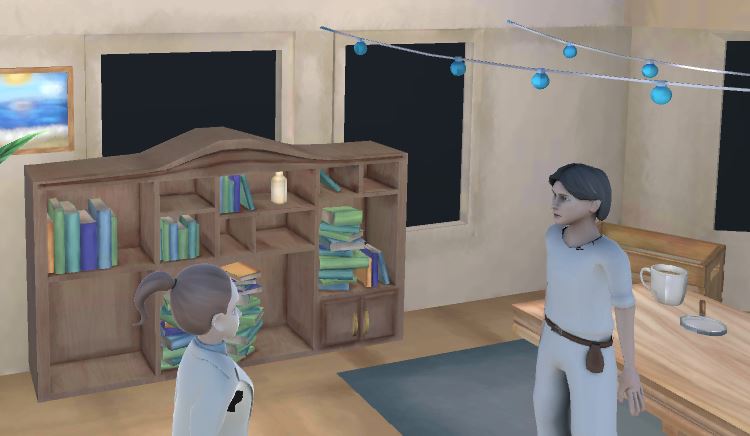 Meeting the Sage. He wears a white shirt and pants and a brown belt with a pouch attached. There is a bookcase with books in the background of the white room and a blue carpet and matching blue lights hanging behind him. 